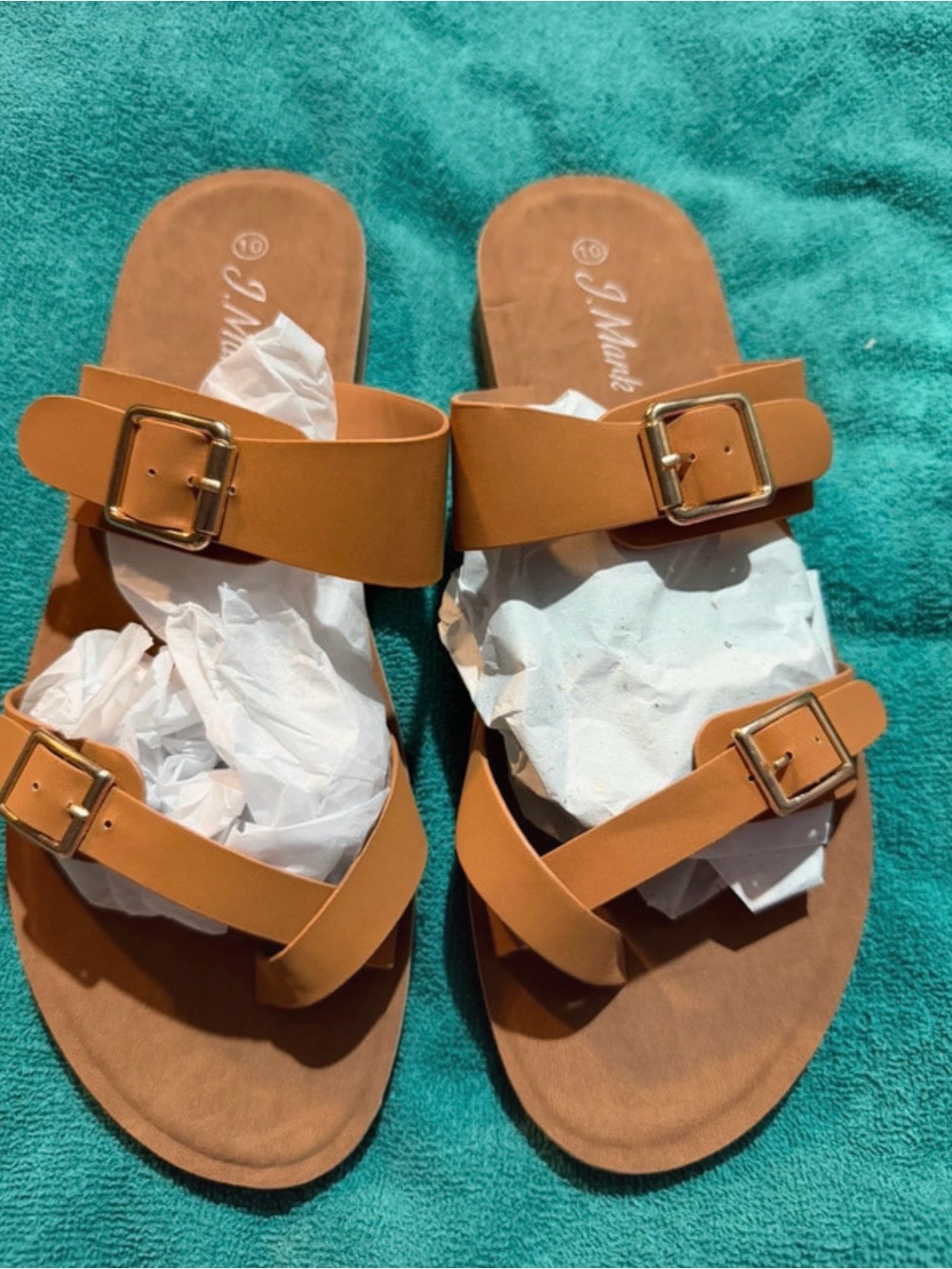 Tan Buckle Slide Sandals for Women by